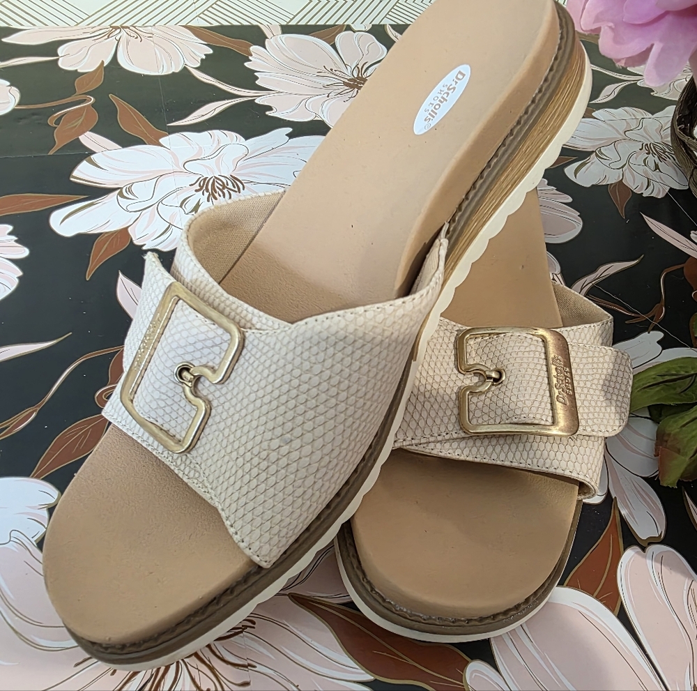 Dr. Scholl's White and Gold Slide Sandals with Cushioned Footbed